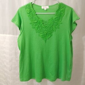 Anneliese Top Crochet Detail Flutter Sleeves Soft Lightweight Tee Green Large